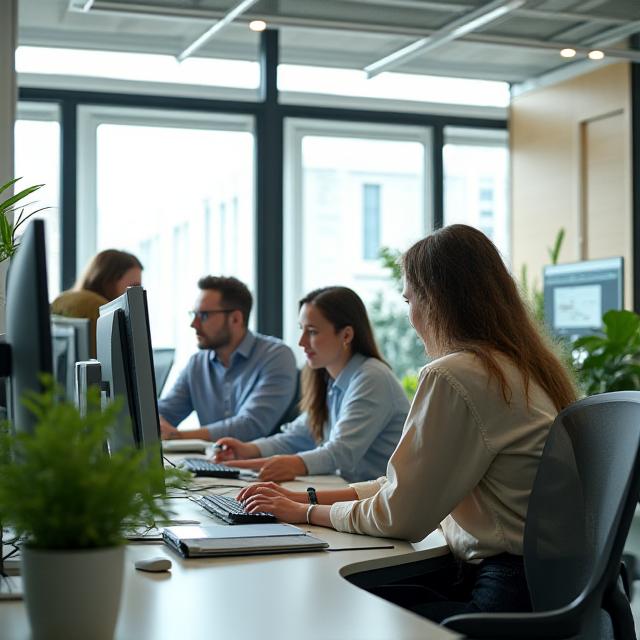 Personal d'oficina treballant en un entorn col·laboratiu i contemporani